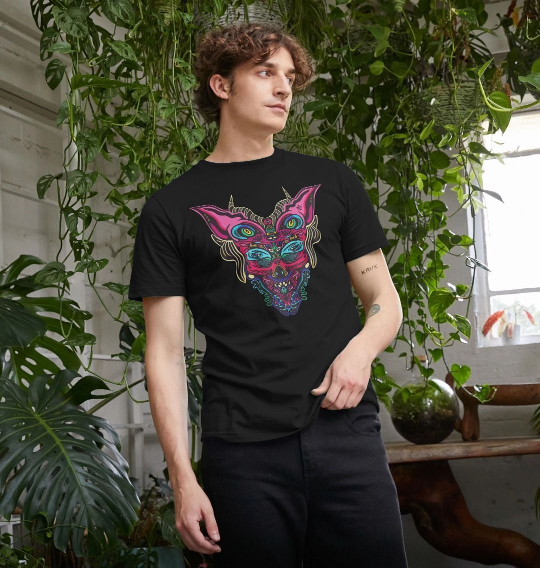 Organic Cotton Black T-shirt featuring Cyberpunk Dog Boy by Fowl Plays - Sustainable Fashion and Art At Fowl Plays