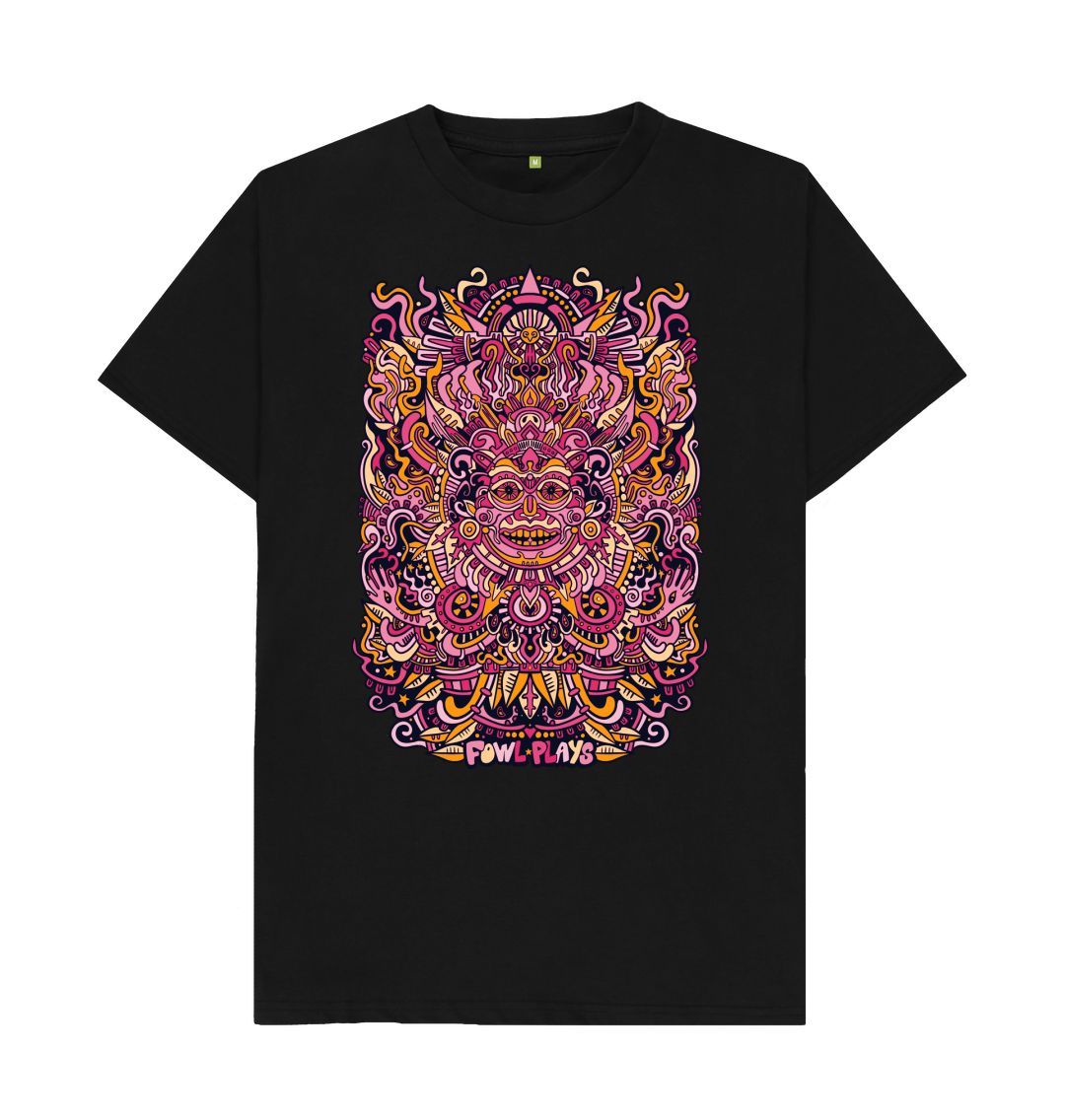 Organic Cotton Black T-shirt featuring a Psychedelic Mask Red Edition by Fowl Plays - Sustainable Fashion and Art At Fowl Plays