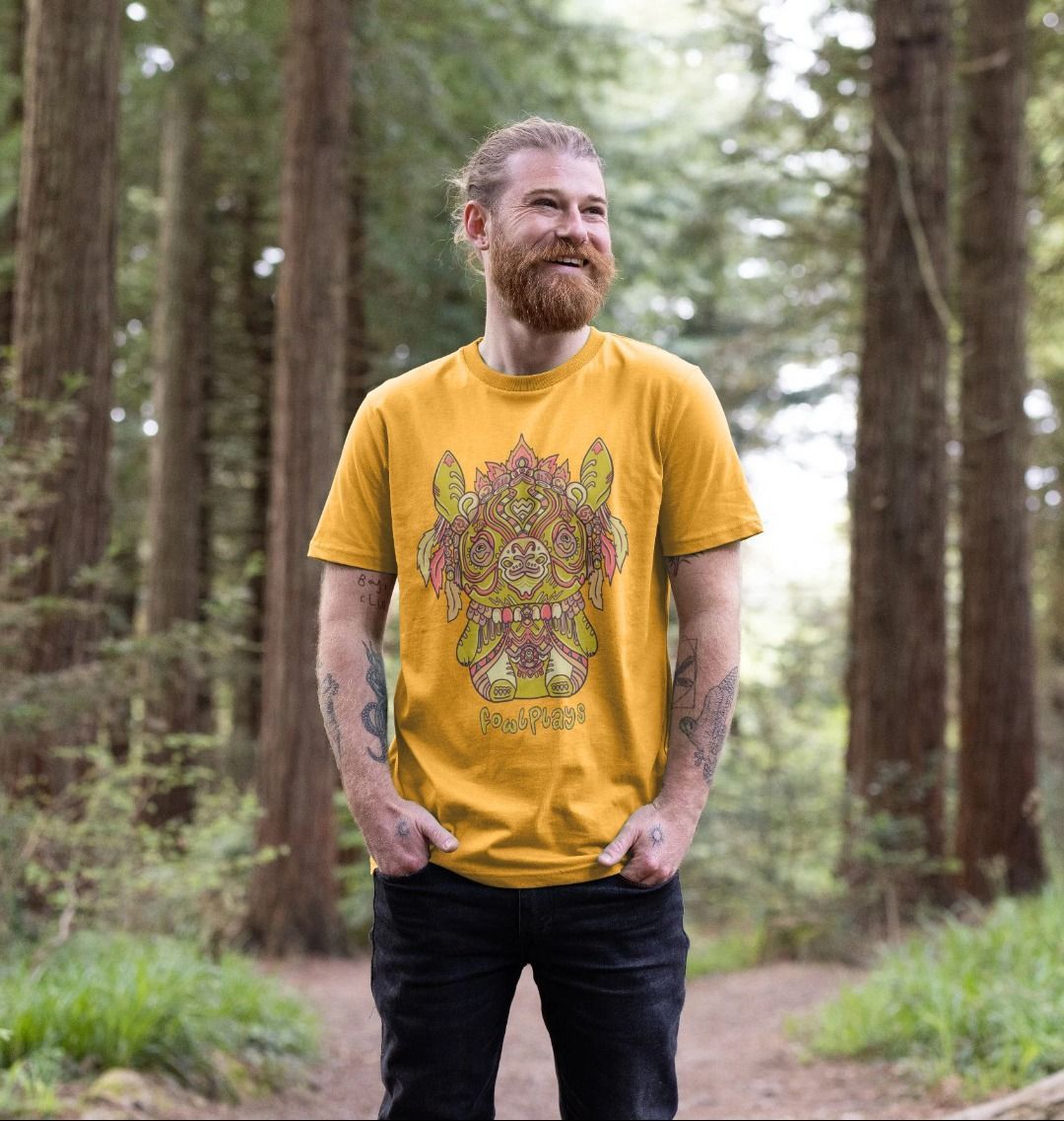 Organic Cotton Mustard T-shirt featuring a Bunny Bear Forest Spirit by Fowl Plays - Sustainable Fashion and Art At Fowl Plays.