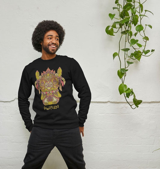 Organic Cotton Black Sweater featuring a Bunny Bear Forest Spirit by Fowl Plays - Sustainable Fashion and Art At Fowl Plays