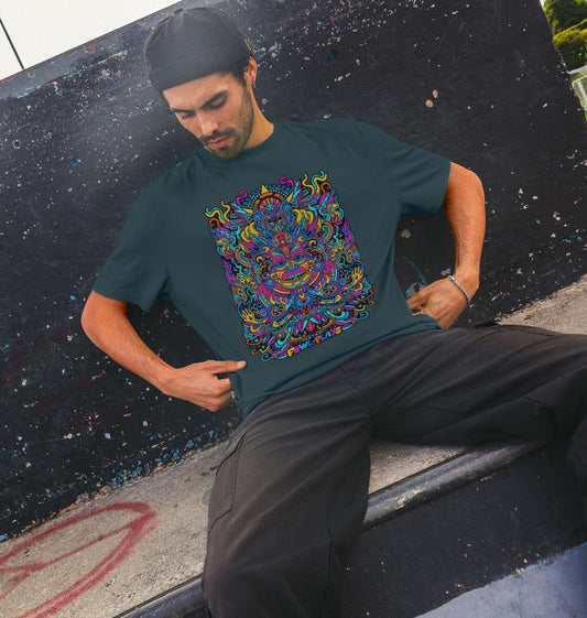 Organic Cotton Denim Blue T-shirt featuring a Psychedelic Mask Blue Edition by Fowl Plays - Sustainable Fashion and Art At Fowl Plays