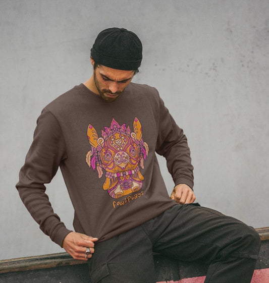 Organic Cotton Chocolate Sweater featuring a Bunny Bear Forest Spirit by Fowl Plays - Sustainable Fashion and Art At Fowl Plays