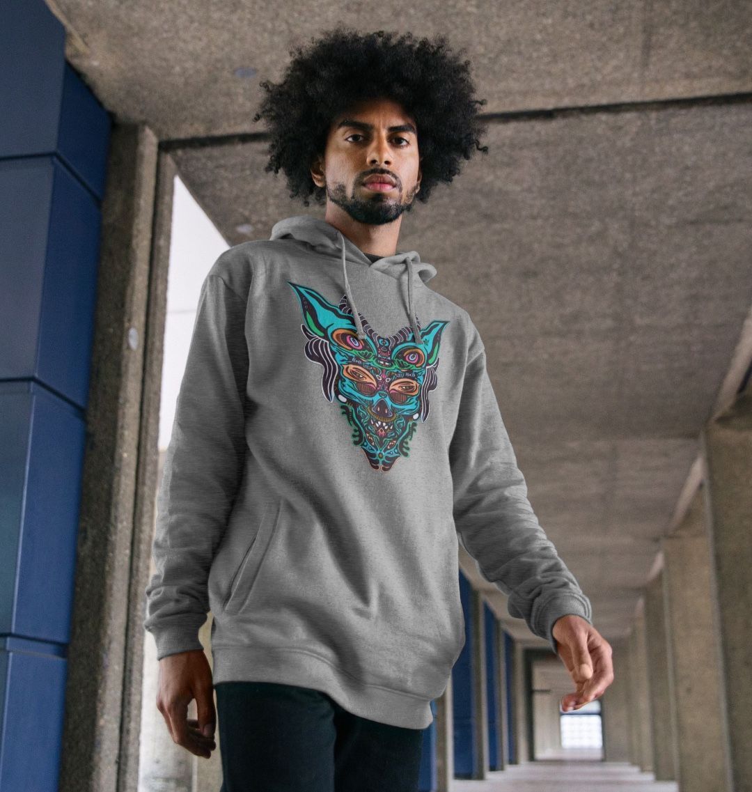 Organic Cotton Light Heather Hoodie featuring Cyberpunk Dog Boy Blue by Fowl Plays - Sustainable Fashion and Art At Fowl Plays.