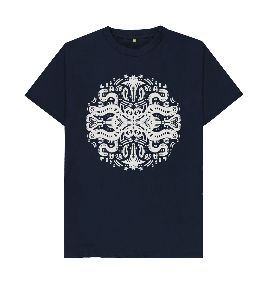 Organic Cotton Navy Blue T-shirt featuring Squid Games White by Fowl Plays - Sustainable Fashion and Art At Fowl Plays