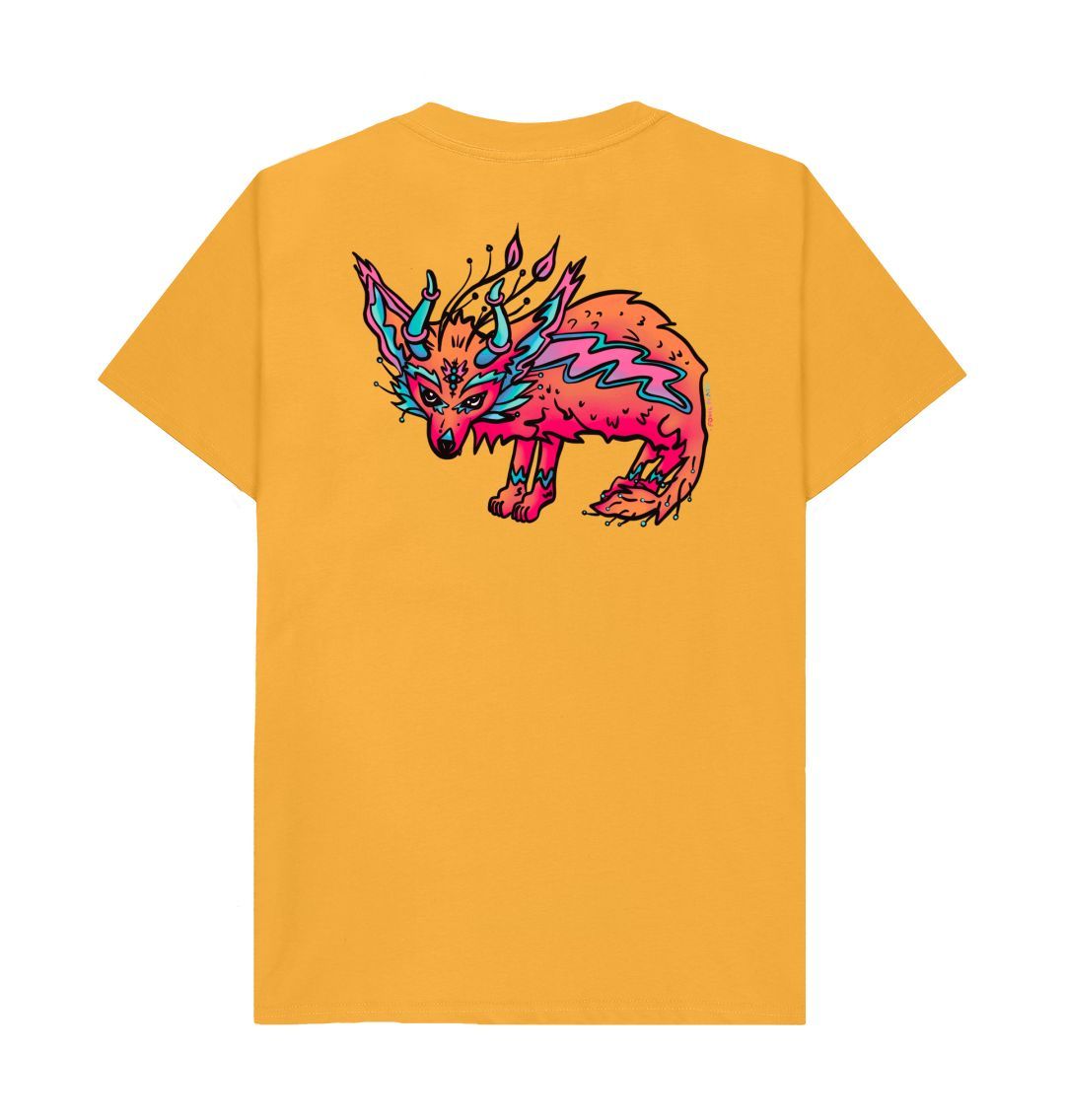 Reverse side Organic Cotton Mustard T-shirt featuring a fantasy Fennec Fox by Fowl Plays - Sustainable Fashion and Art At Fowl Plays