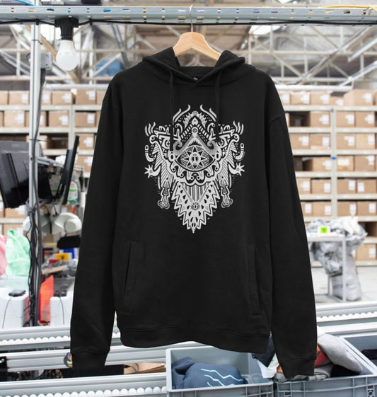 Organic Cotton Black Hoodie featuring Witch Doctor White Print by Fowl Plays - Sustainable Fashion and Art At Fowl Plays.