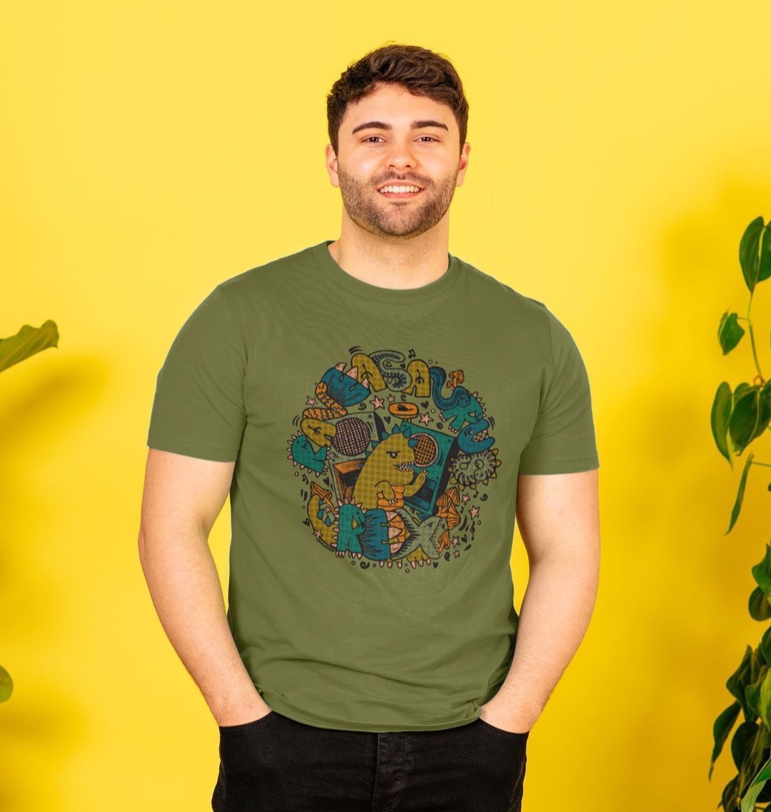 Organic Cotton Moss Green T-shirt featuring Raveasaurus Rex Moss by Fowl Plays - Sustainable Fashion and Art At Fowl Plays