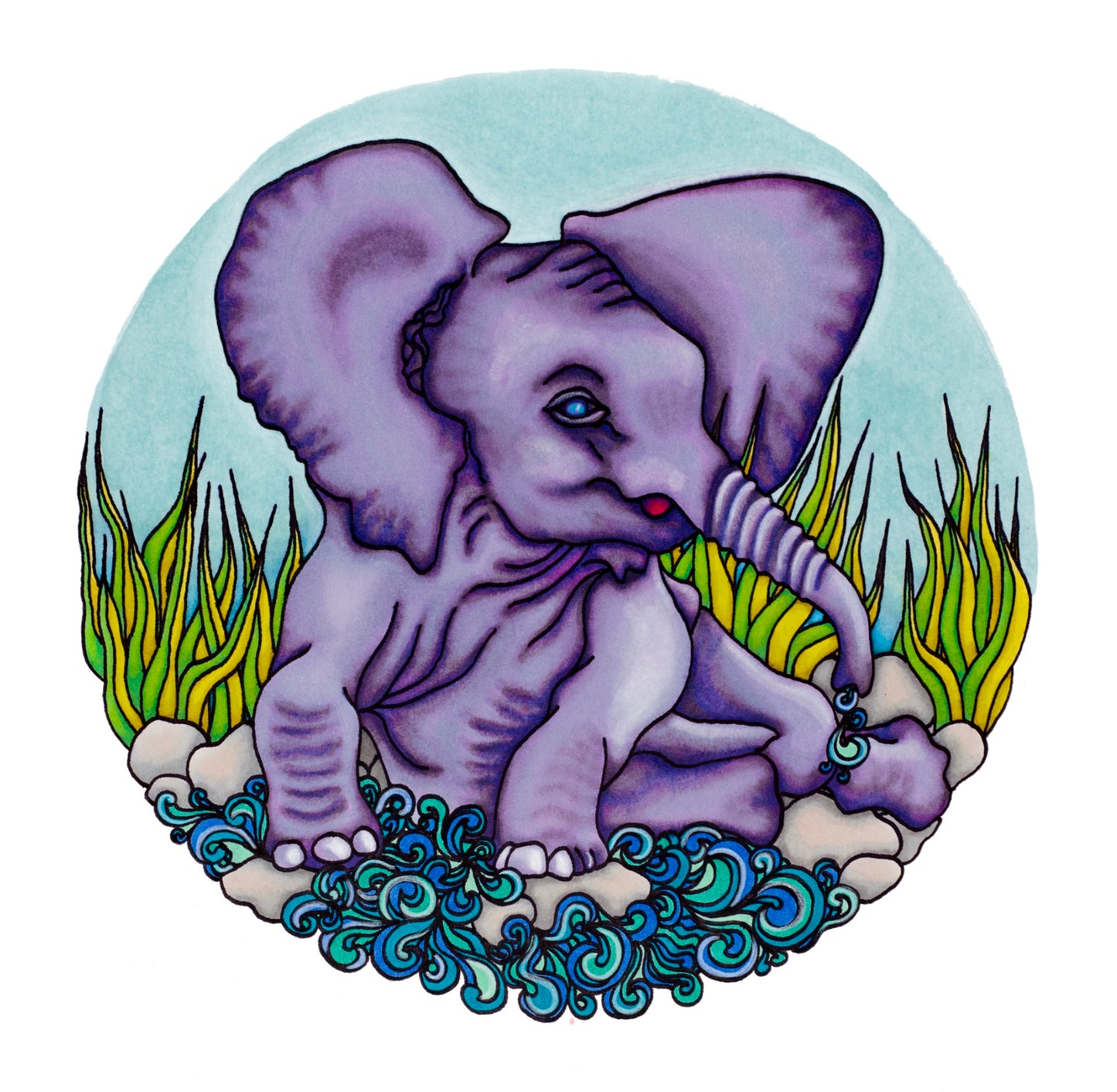 This drawing is of a purple baby elephant sitting at the waters edge on the rocky bank washing and playing happily. The sky is pale blue, there s grass in the background and the purple elephant has blue eyes. The grass is two tones of green and the water has several shades of blue and green in it. This illustration is round.