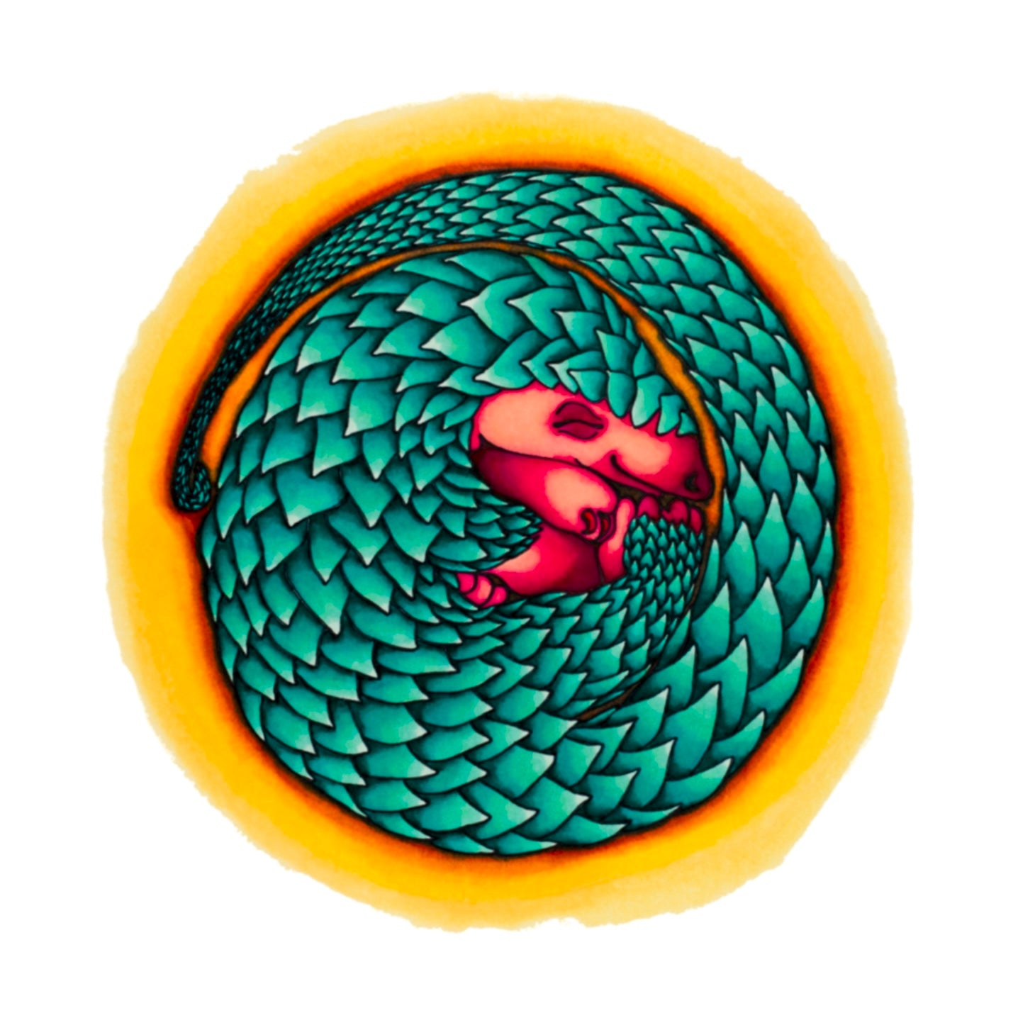 This incredibly cute baby pangolin is curled up in a sleepy little ball with a big smile on his face. His plump skin of his face is peach and magenta and his many scales are teal and turquoise. The background is a yellow orange sand colour. The design is circular, perfect for prints and stickers