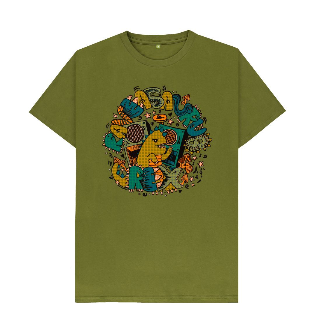 Organic Cotton Moss Green T-shirt featuring Raveasaurus Rex Moss by Fowl Plays - Sustainable Fashion and Art At Fowl Plays