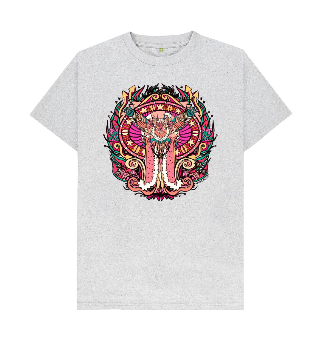 Flying Fire Lion by Fowl Plays on Grey Recycled Organic Cotton Unisex T-shirt Sustainable Fashion and Art At Fowl Plays