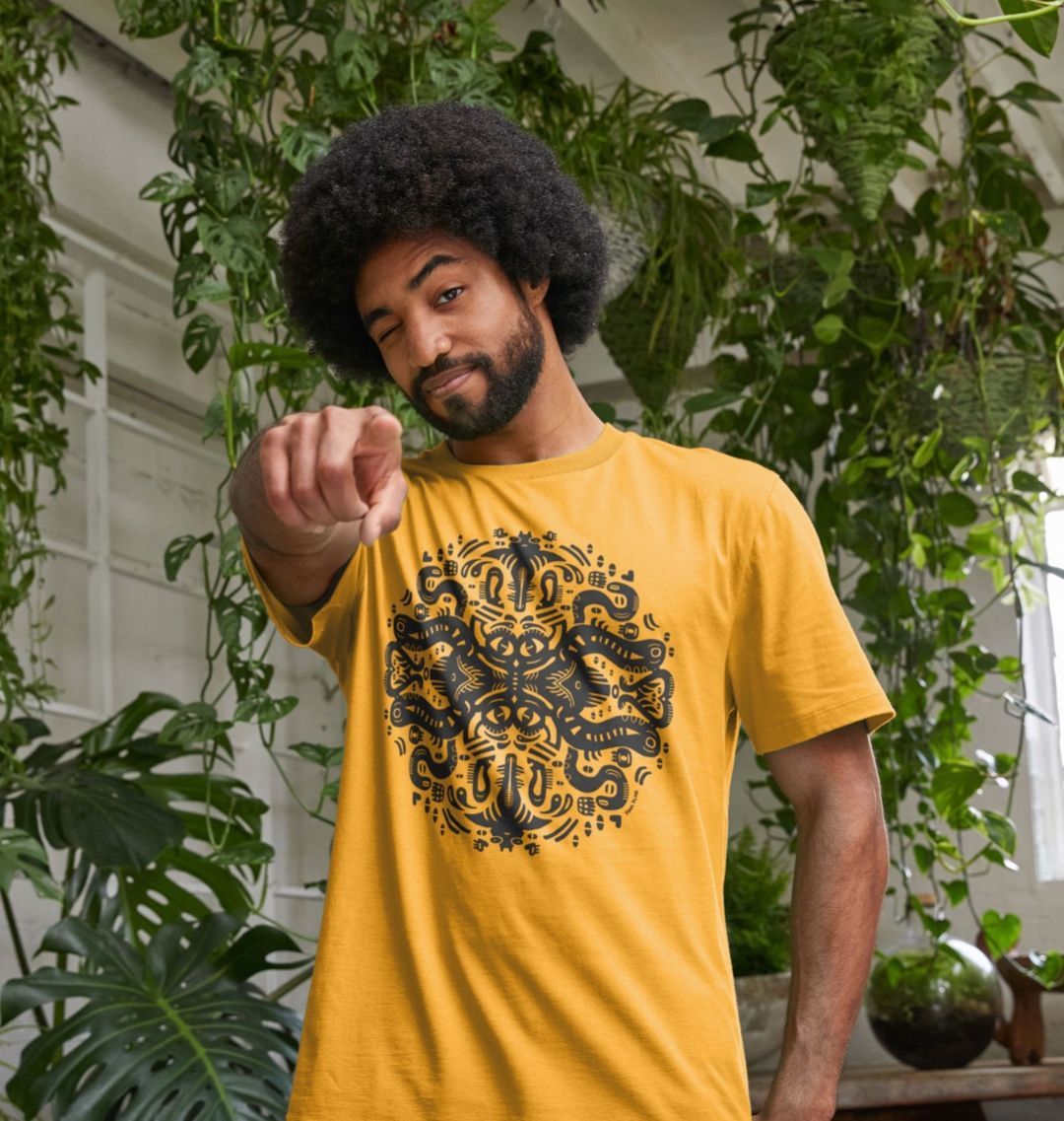 Organic Cotton Mustard T-shirt featuring Squid Games by Fowl Plays - Sustainable Fashion and Art At Fowl Plays