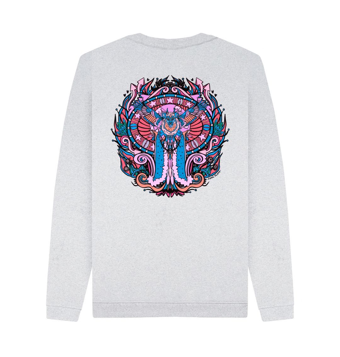 Flying Fire Lion by Fowl Plays on Grey Organic Cotton Recycled Unisex Back Sweater Sustainable Fashion and Art At Fowl Plays