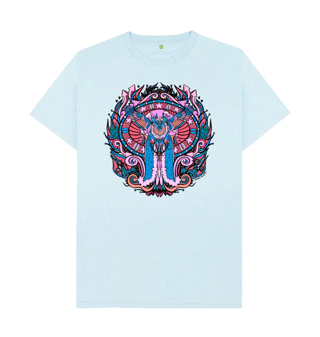 Flying Fire Lion by Fowl Plays on Light Blue Recycled Organic Cotton Unisex T-shirt Sustainable Fashion and Art At Fowl Plays