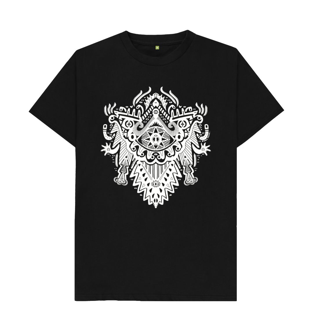 Organic Cotton Black T-shirt featuring Witch Doctor White Print by Fowl Plays - Sustainable Fashion and Art At Fowl Plays