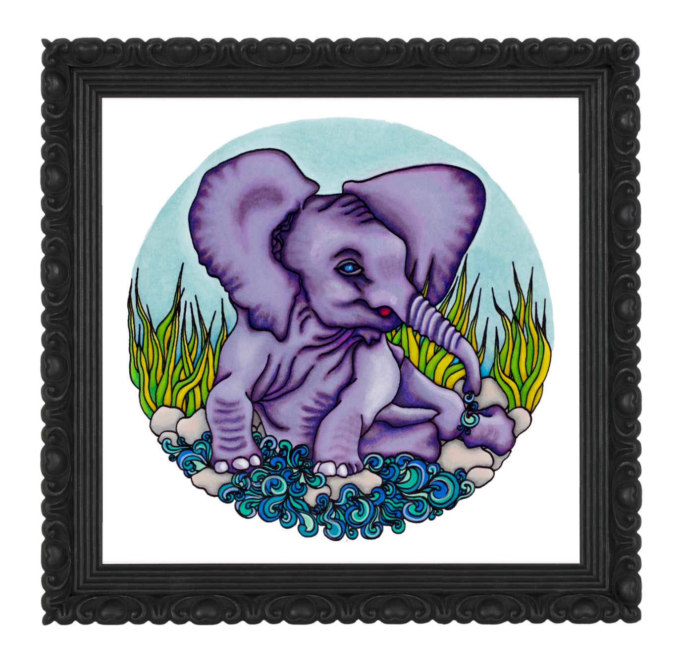 Baby elephant play time framed in a swirly black frame. Looks great in a square frame which is how this print comes.