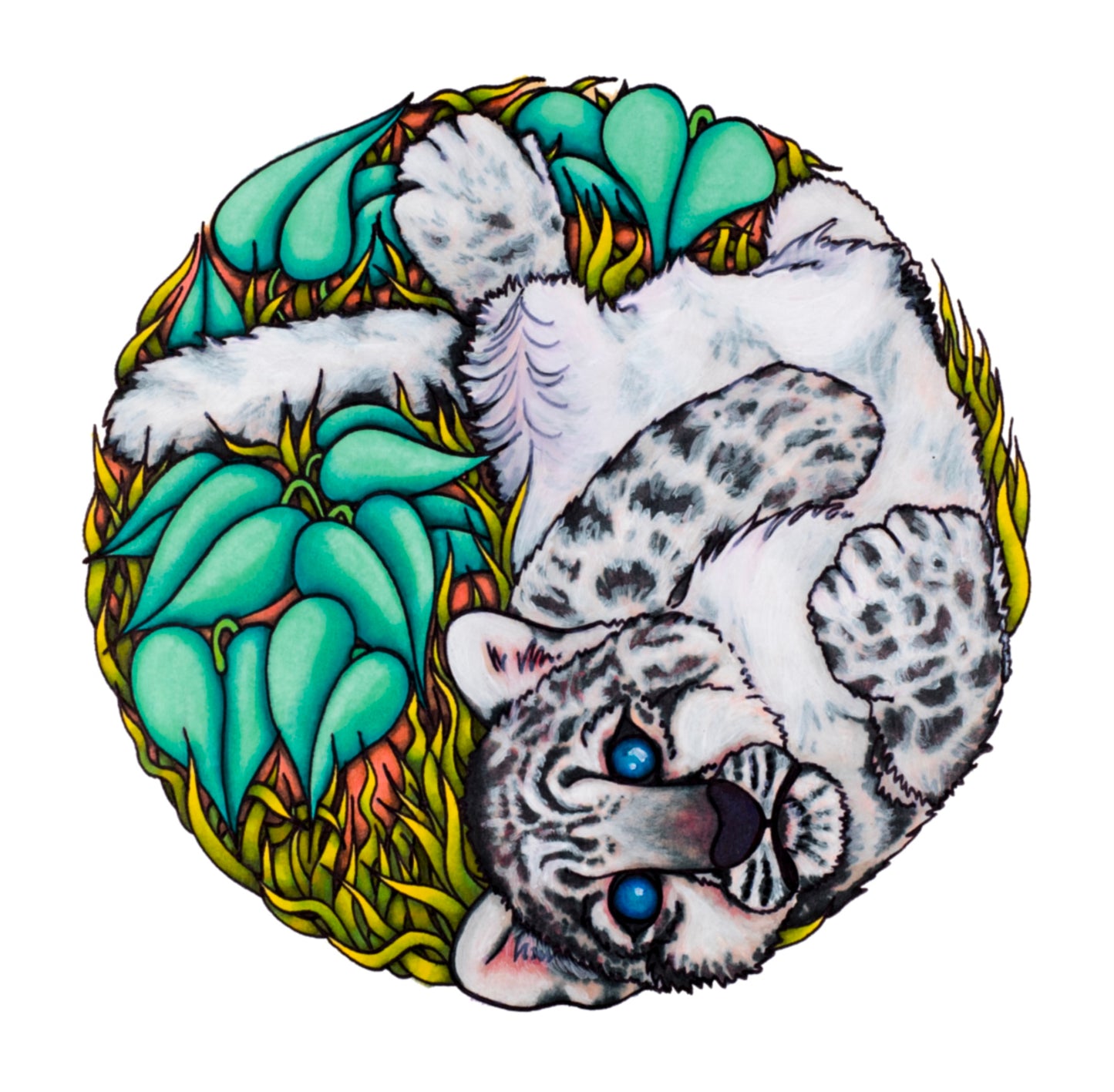 This adorable kitten snow leopard cub s rolling around int he grass on his back begging for his belly to be rubbed. There are turquoise leaves of an unknown plant amongst the lime and olive coloured grass. There are tones of blue and pink where his skin and spots glow and his eyes are intense blue like pools of water. His head is closest to the viewer and hind paws furthest from you and his tail rests to the left.