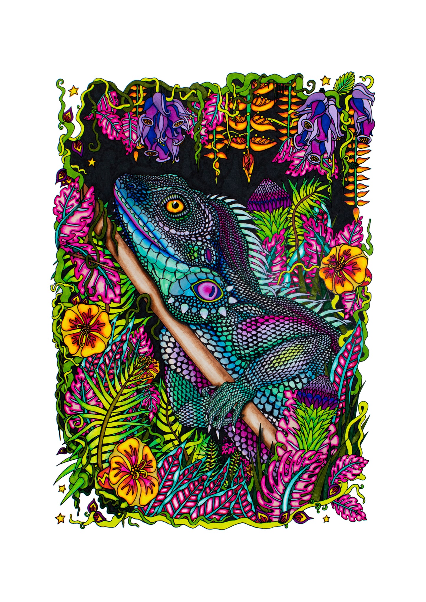 Colourful Iguana Illustration in the Jungle Playful Flora and Fauna