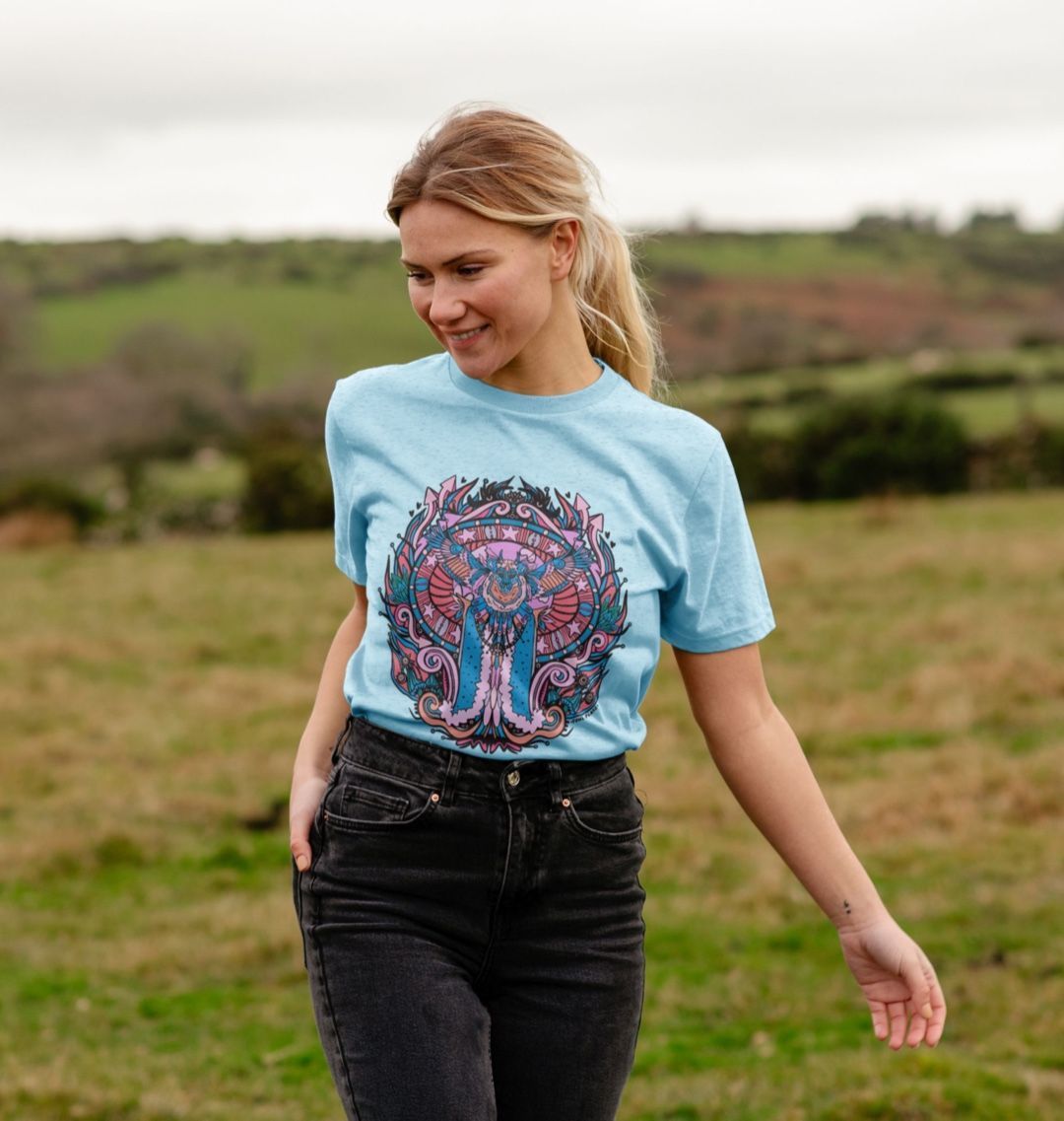 Flying Fire Lion by Fowl Plays on Light Blue Recycled Organic Cotton Unisex T-shirt Sustainable Fashion and Art At Fowl Plays