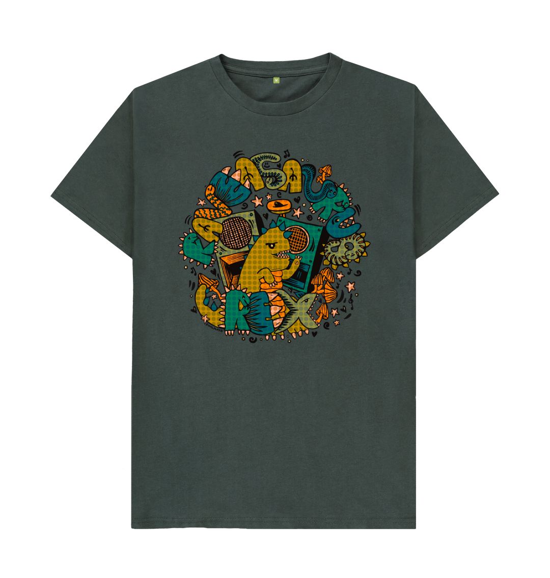 Organic Cotton Dark Grey T-shirt featuring Raveasaurus Rex Moss by Fowl Plays - Sustainable Fashion and Art At Fowl Plays