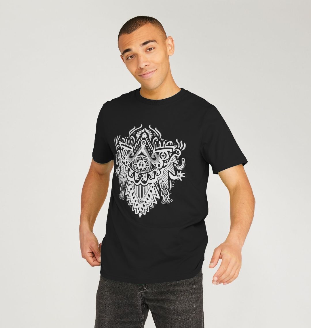 Organic Cotton Black T-shirt featuring Witch Doctor White Print by Fowl Plays - Sustainable Fashion and Art At Fowl Plays