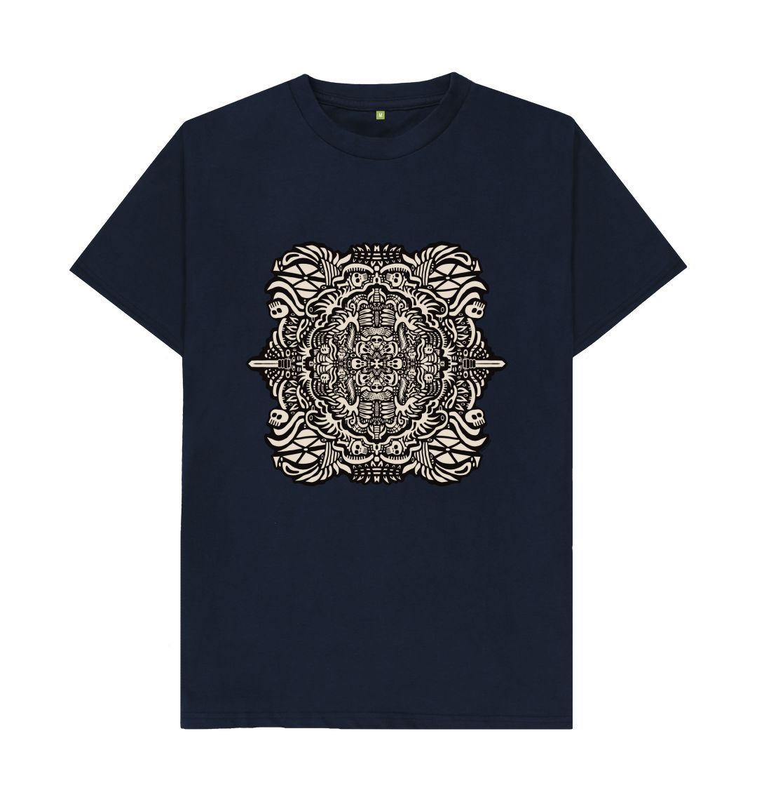 Organic Cotton Navy Blue T-shirt featuring Pirate Plays Black and White by Fowl Plays - Sustainable Fashion and Art At Fowl Plays