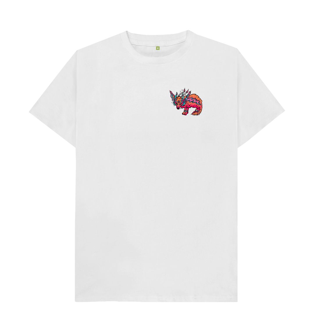 Organic Cotton White T-shirt featuring a fantasy Fennec Fox by Fowl Plays - Sustainable Fashion and Art At Fowl Plays