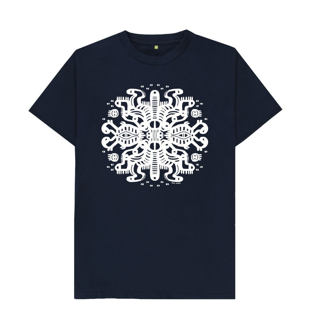 Organic Cotton Navy Blue T-shirt featuring Squid Mates White Print by Fowl Plays - Sustainable Fashion and Art At Fowl Plays