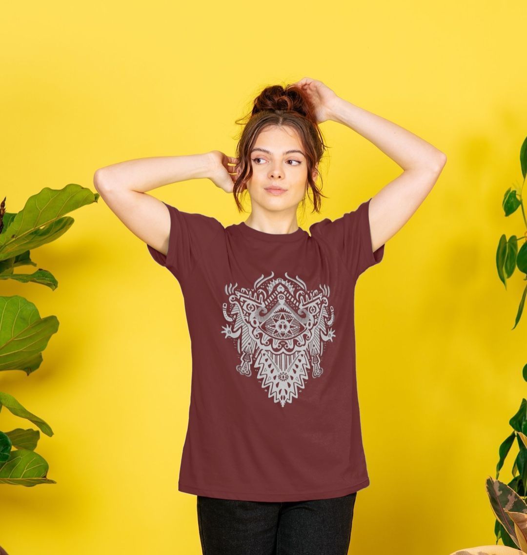 Organic Cotton Red Wine T-shirt featuring Witch Doctor White Print by Fowl Plays - Sustainable Fashion and Art At Fowl Plays