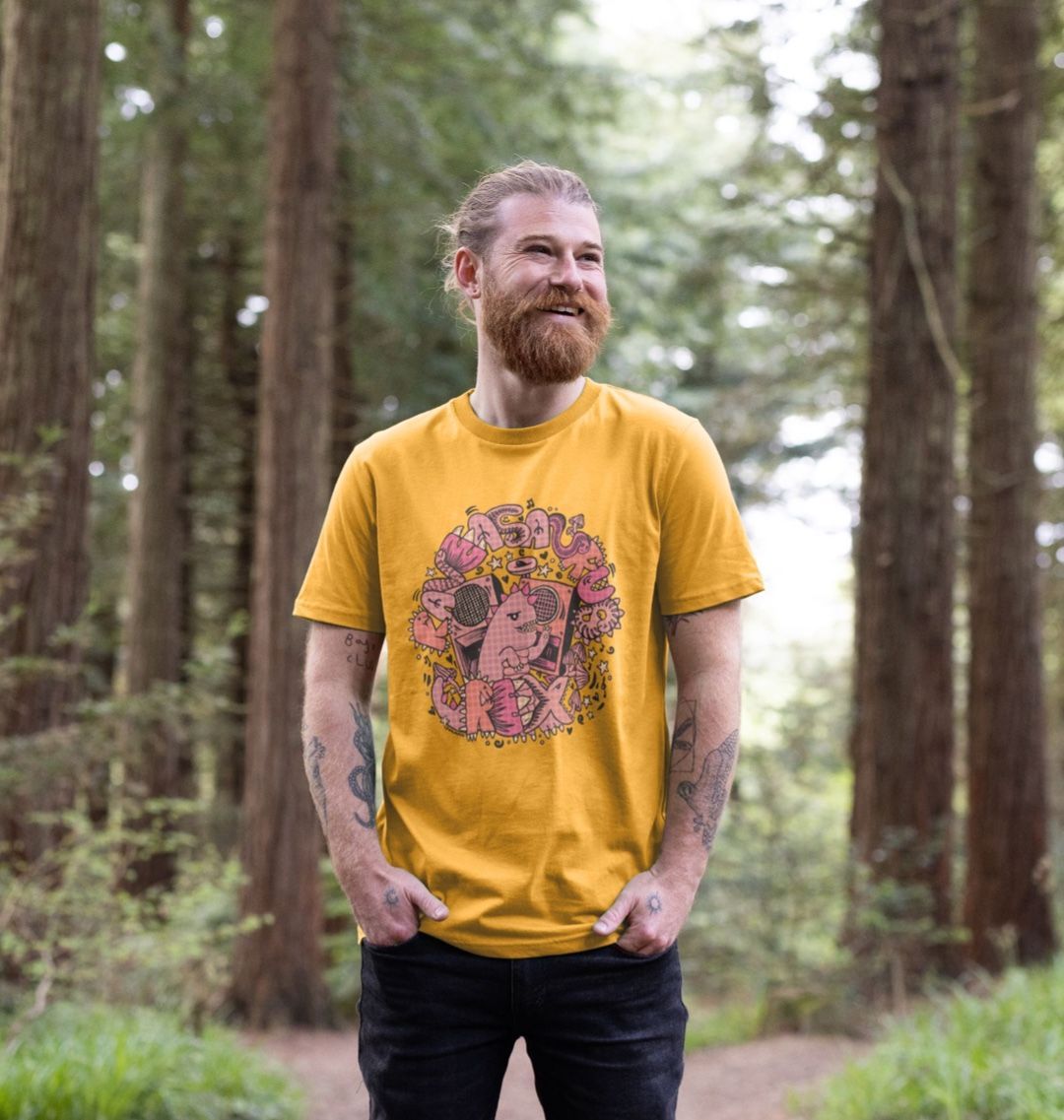 Organic Cotton Mustard T-shirt featuring Raveasaurus Rex Pink by Fowl Plays - Sustainable Fashion and Art At Fowl Plays