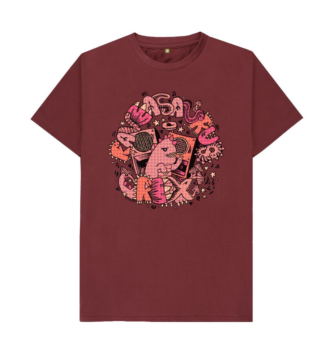 Organic Cotton Red Wine T-shirt featuring Raveasaurus Rex Pink by Fowl Plays - Sustainable Fashion and Art At Fowl Plays