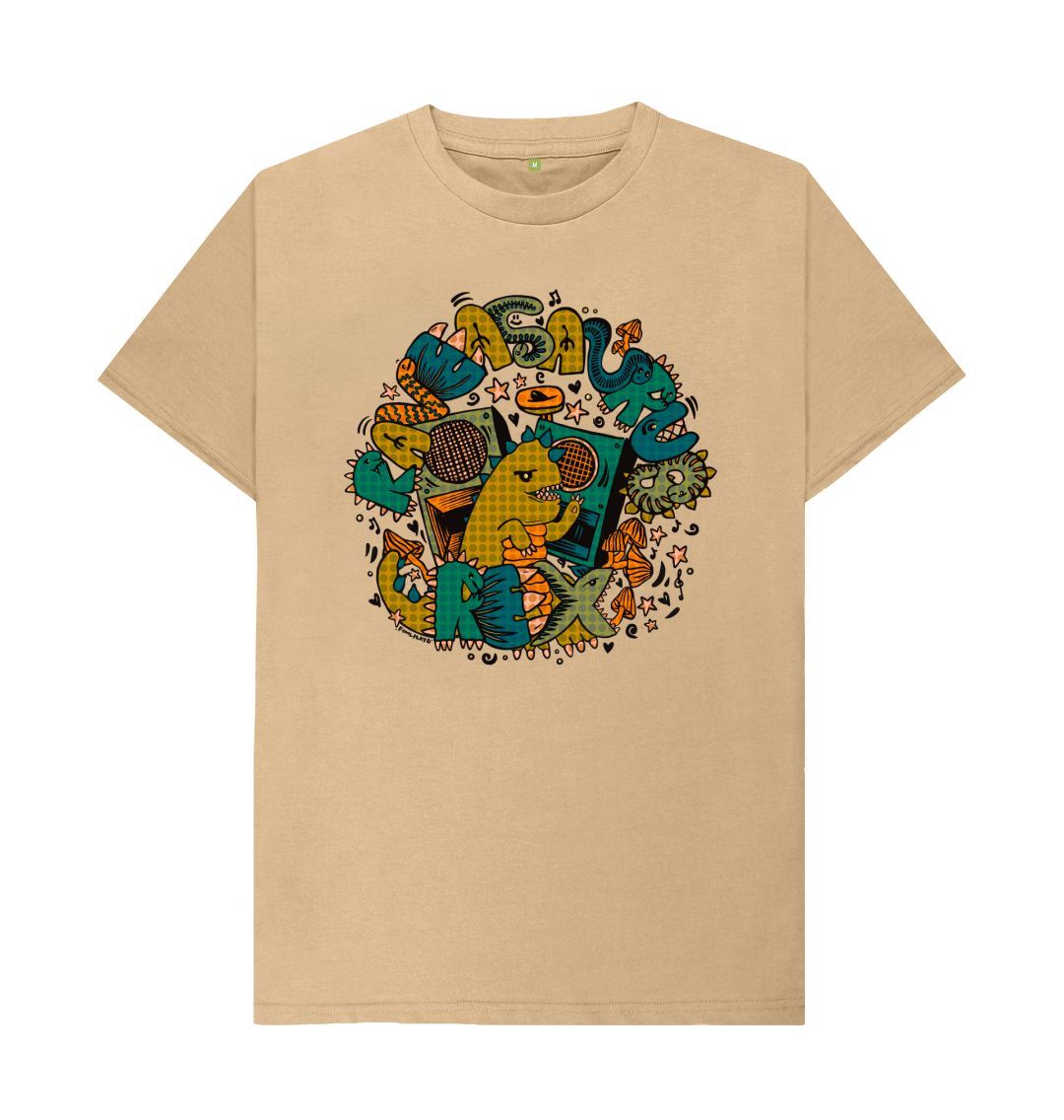 Organic Cotton Sand T-shirt featuring Raveasaurus Rex Moss by Fowl Plays - Sustainable Fashion and Art At Fowl Plays