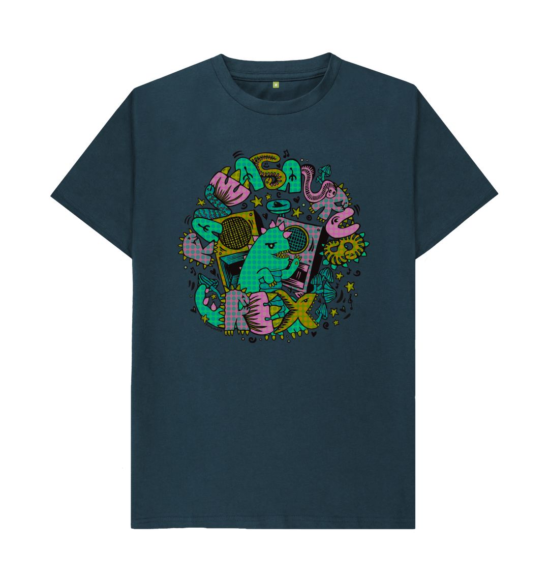 Organic Cotton Denim Blue T-shirt featuring Raveasaurus Rex Teal by Fowl Plays - Sustainable Fashion and Art At Fowl Plays