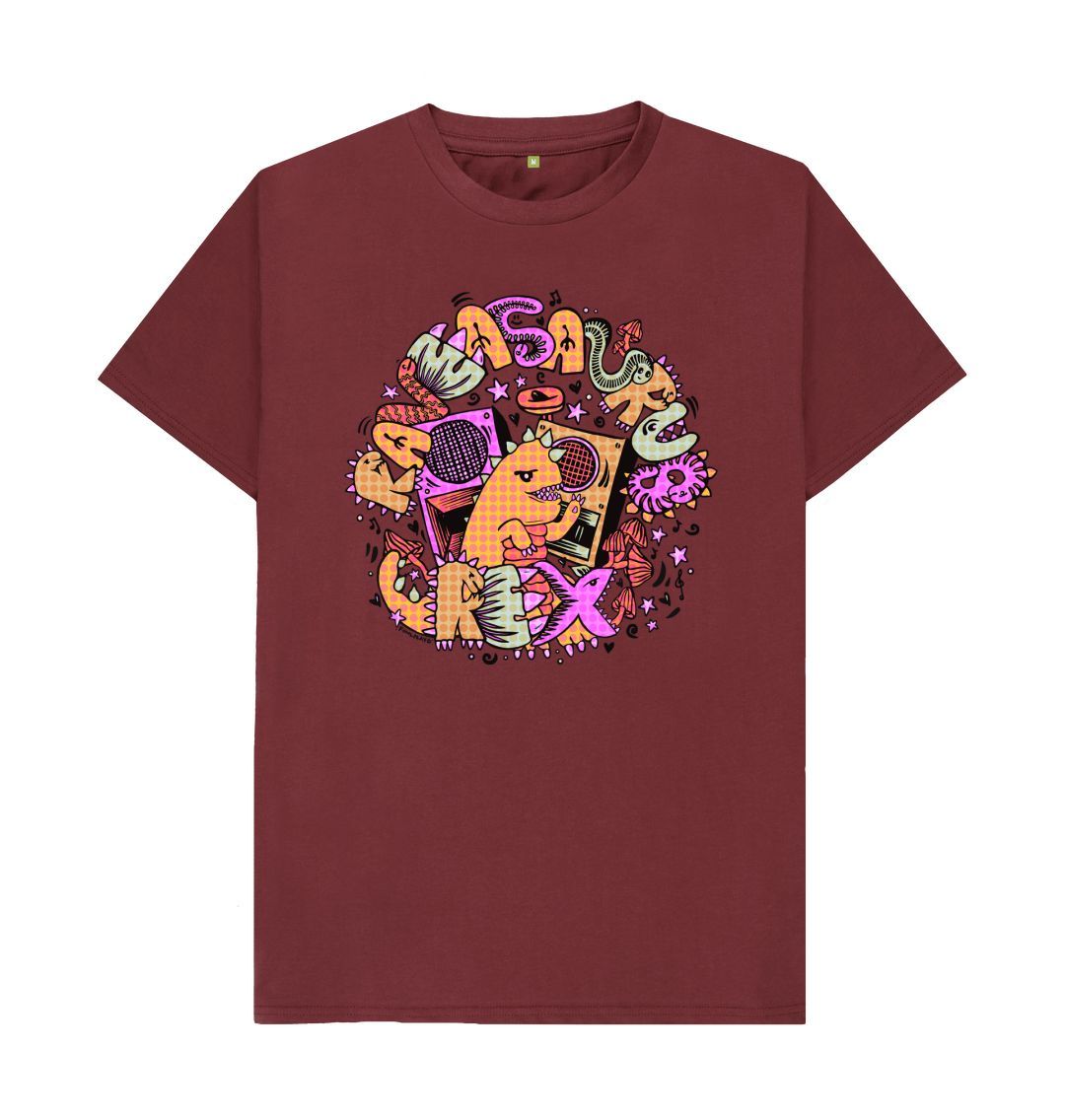 Organic Cotton Red Wine T-shirt featuring Raveasaurus Rex Orange by Fowl Plays - Sustainable Fashion and Art At Fowl Plays