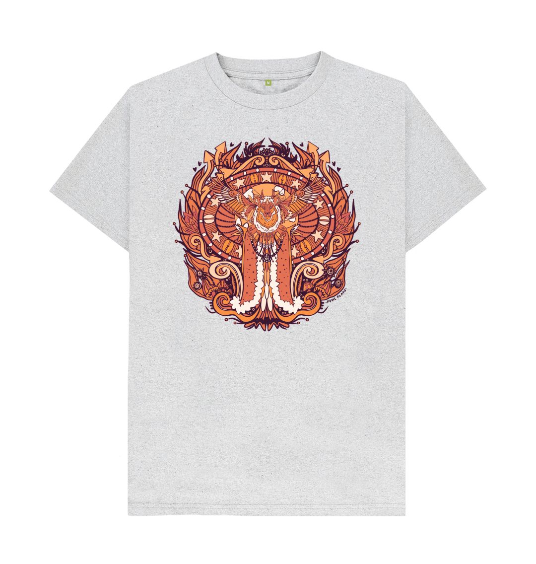 Flying Fire Lion by Fowl Plays on Grey Organic Cotton Recycled Unisex Front & Back T-shirt Sustainable Fashion and Art At Fowl Plays