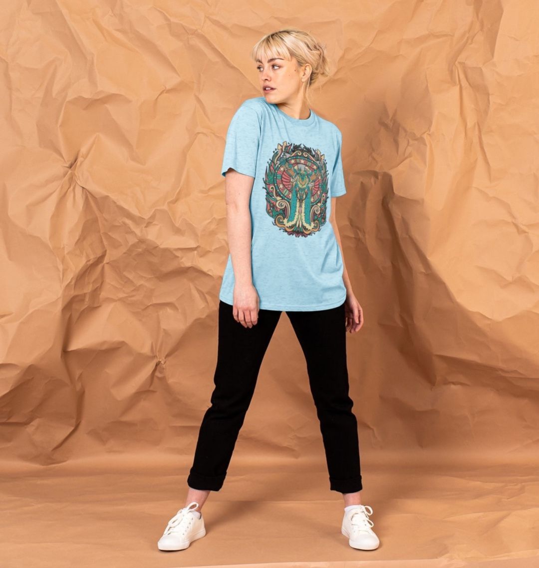 Flying Fire Lion by Fowl Plays on Light Blue Recycled Organic Cotton Unisex T-shirt Sustainable Fashion and Art At Fowl Plays