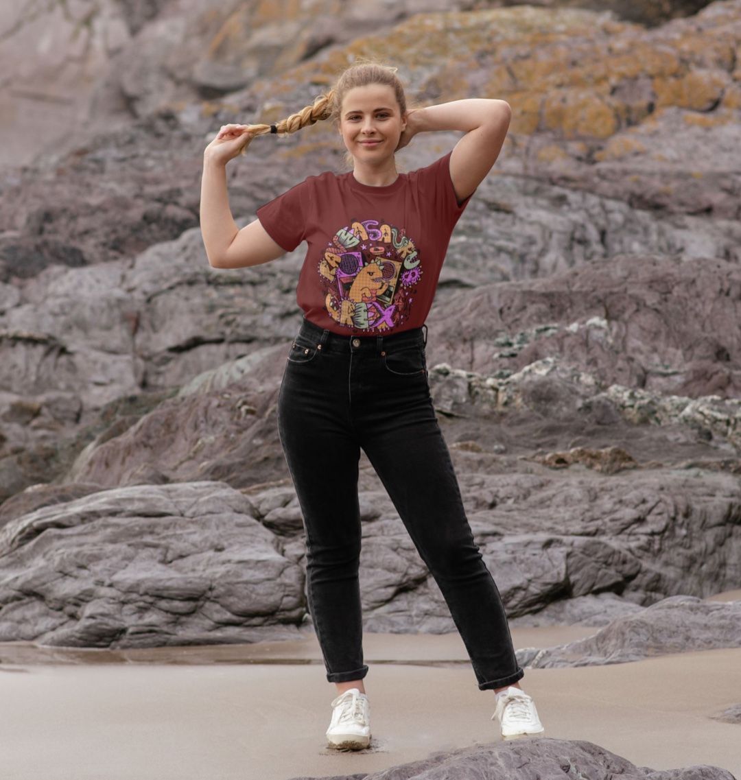 Organic Cotton Red Wine T-shirt featuring Raveasaurus Rex Orange by Fowl Plays - Sustainable Fashion and Art At Fowl Plays