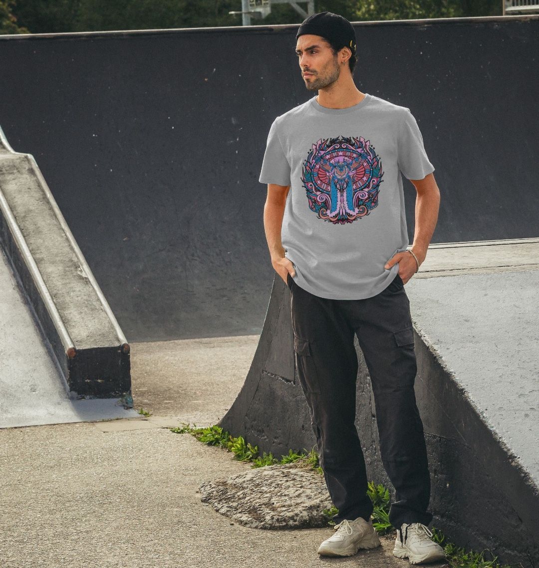 Flying Fire Lion by Fowl Plays on Grey Recycled Organic Cotton Unisex T-shirt Sustainable Fashion and Art At Fowl Plays