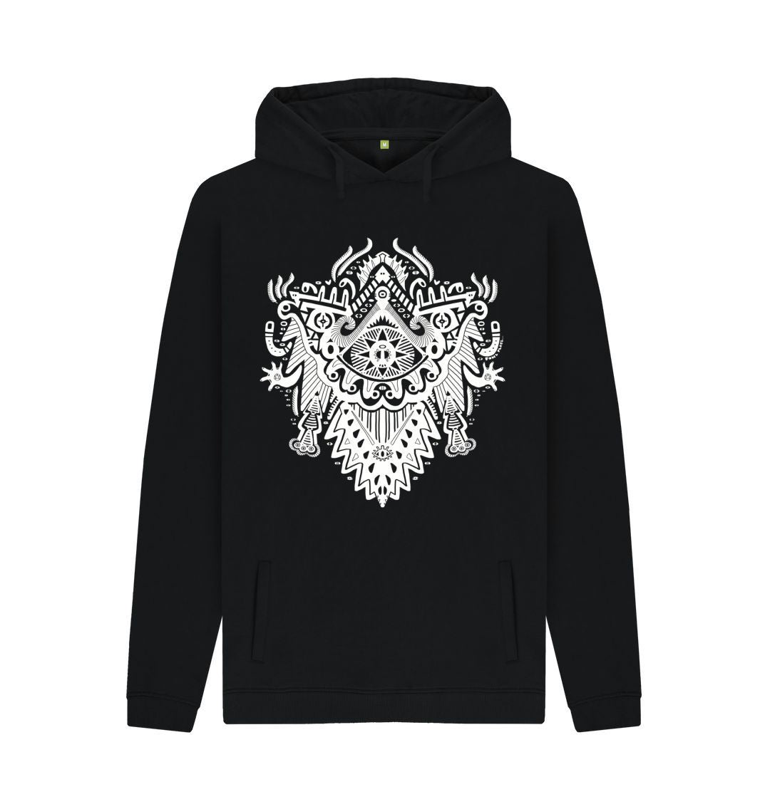 Organic Cotton Black Hoodie featuring Witch Doctor White Print by Fowl Plays - Sustainable Fashion and Art At Fowl Plays.