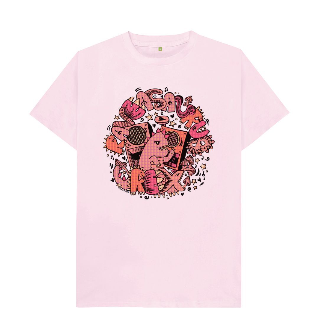 Organic Cotton Pink T-shirt featuring Raveasaurus Rex Pink by Fowl Plays - Sustainable Fashion and Art At Fowl Plays