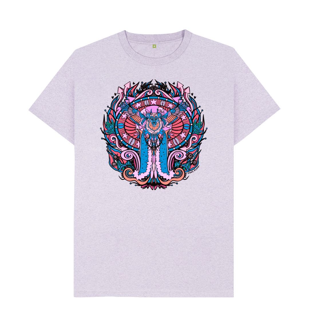 Flying Fire Lion by Fowl Plays on Light Purple Recycled Organic Cotton Unisex T-shirt Sustainable Fashion and Art At Fowl Plays