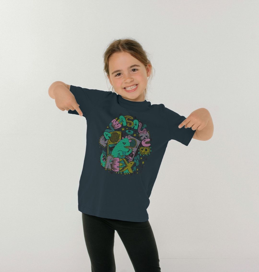 Organic Cotton Denim Blue Kids T-shirt featuring Raveasaurus Rex Teal by Fowl Plays - Sustainable Fashion and Art At Fowl Plays