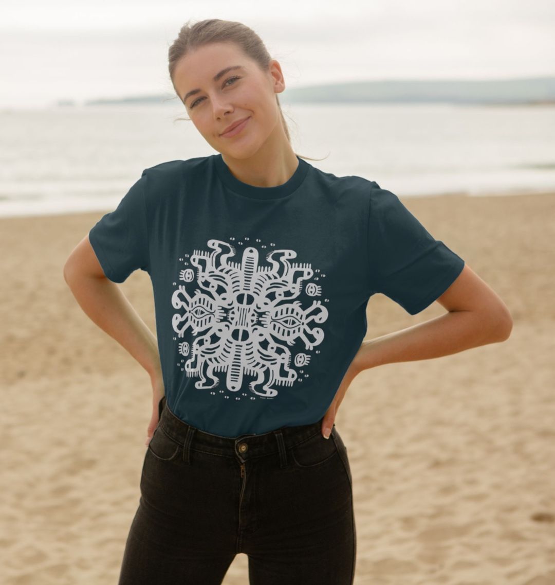 Organic Cotton Denim Blue T-shirt featuring Squid Mates White Print by Fowl Plays - Sustainable Fashion and Art At Fowl Plays