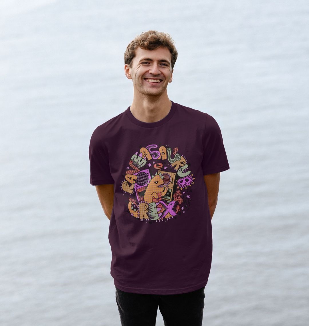 Organic Cotton Purple T-shirt featuring Raveasaurus Rex Orange by Fowl Plays - Sustainable Fashion and Art At Fowl Plays