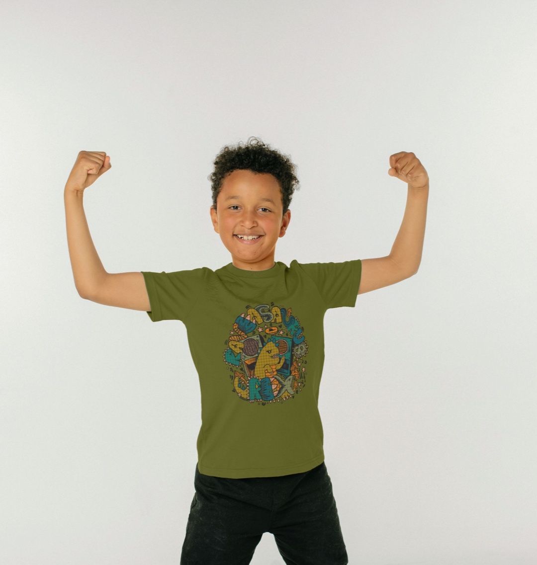 Organic Cotton Moss Green Kids T-shirt featuring Raveasaurus Rex Moss by Fowl Plays - Sustainable Fashion and Art At Fowl Plays