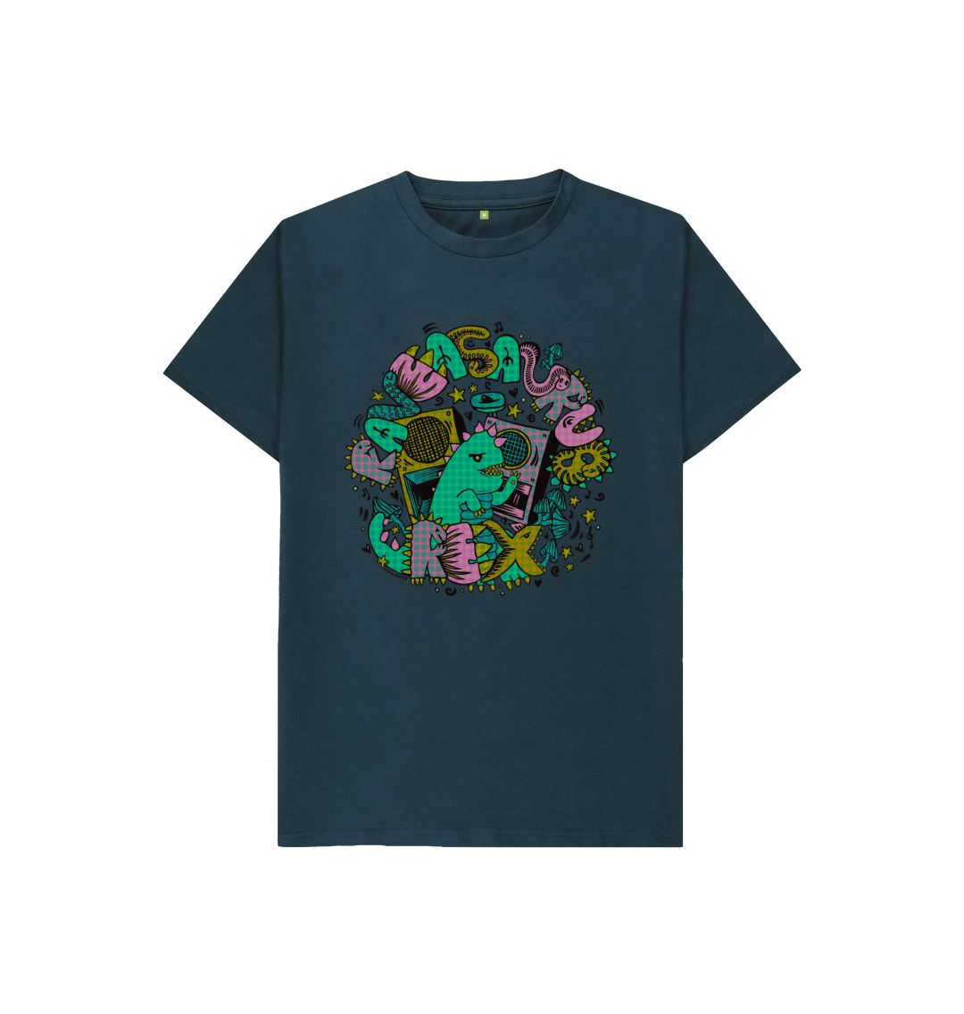 Organic Cotton Denim Blue Kids T-shirt featuring Raveasaurus Rex Teal by Fowl Plays - Sustainable Fashion and Art At Fowl Plays