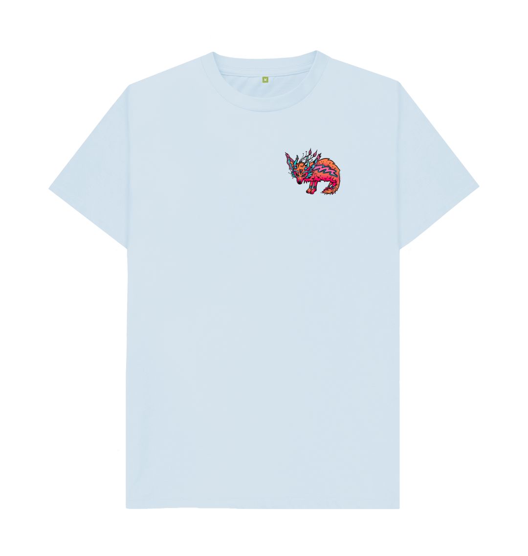 Organic Cotton Sky Blue T-shirt featuring a fantasy Fennec Fox by Fowl Plays - Sustainable Fashion and Art At Fowl Plays