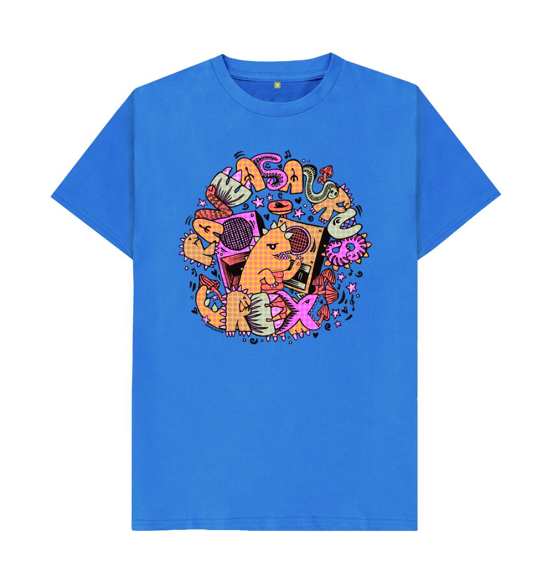 Organic Cotton Bright Blue T-shirt featuring Raveasaurus Rex Orange by Fowl Plays - Sustainable Fashion and Art At Fowl Plays