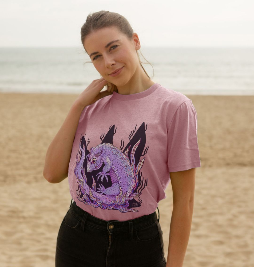 Organic Cotton Sunset Pink Recycled T-shirt featuring an Armadillo Lizard by Fowl Plays - Sustainable Fashion and Art At Fowl Plays.