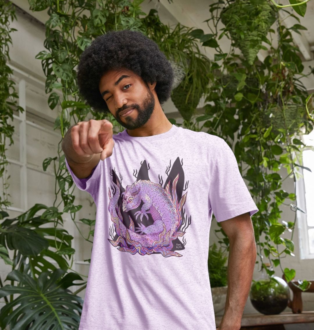 Organic Cotton Light Purple Recycled T-shirt featuring an Armadillo Lizard by Fowl Plays - Sustainable Fashion and Art At Fowl Plays.